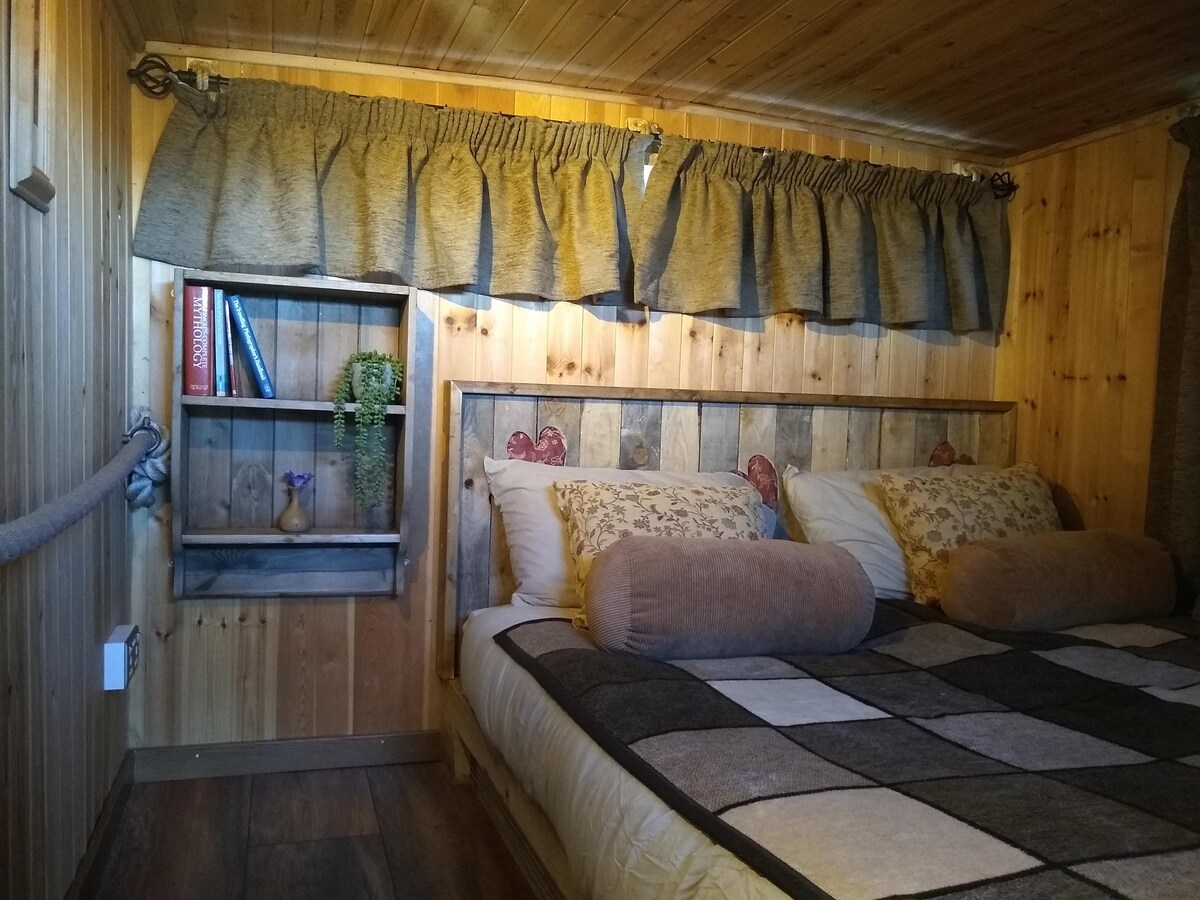 Bed with reclaimed wood & material/hand crafted headboard